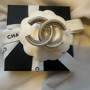 CHANEL Silver-Tone Crystal CC Pin Brooch